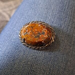 Silver and Orange Stone Men's Brooch Jasper Vintage